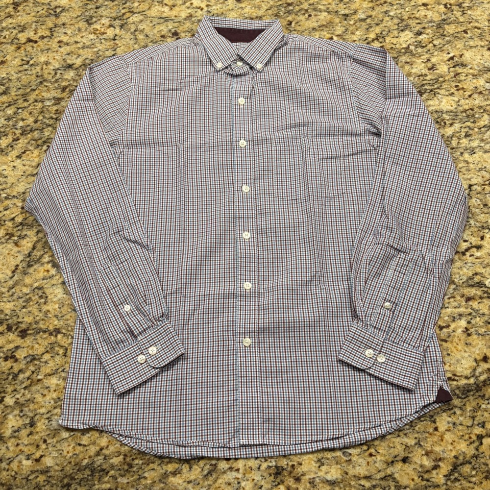 Van Heusen Originals Slim Fit Button Down Shirt Mens M Blue Burgundy Gingham